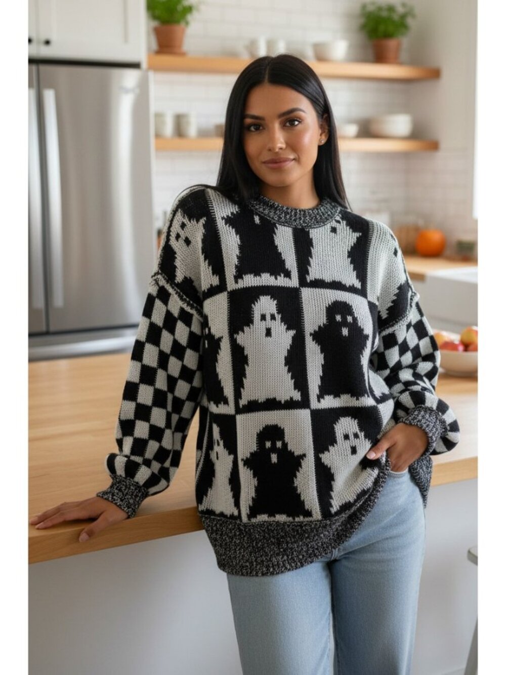 Ghost Checker Exposed Seam Boxy Pullover Oversized Colorblock Halloween Sweater